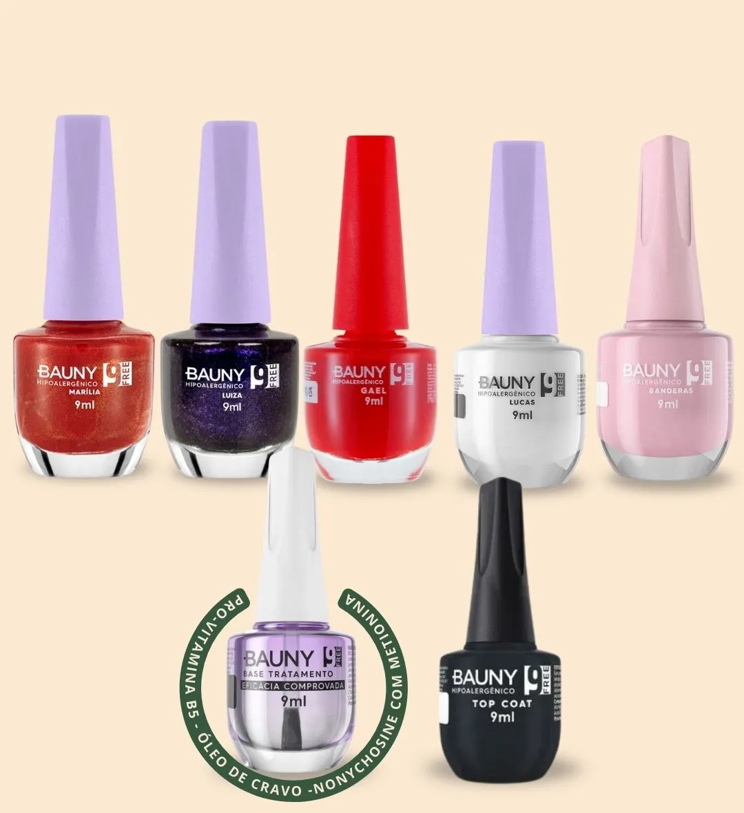 Kit Bauny Natural Care: 5 Esmaltes Veganos 9Free + Base de Tratamento + Top Coat